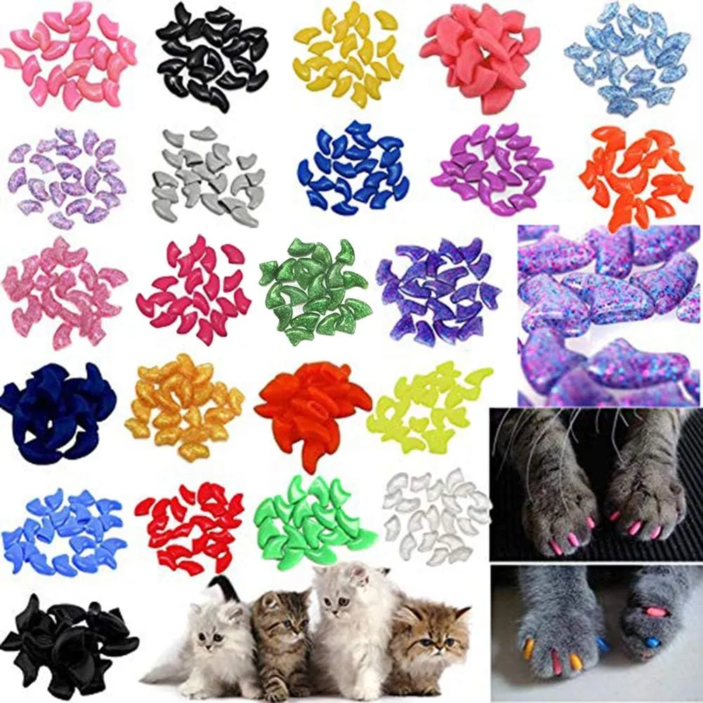 140pcs Cat Nail Caps Kitten Caps 4 Glitter Colors   10 Colorful Cat Nails Caps Covers   7 Adhesive Glue   7 Applicator with Instruction