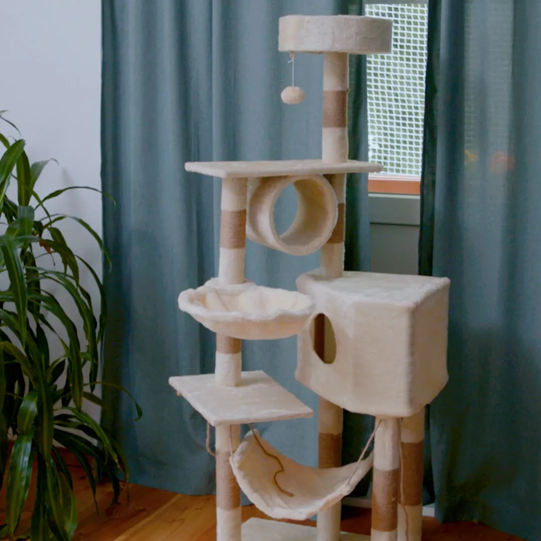 (150cm) Cat tree sisal scratching posts with house / hammock / tunnel / viewing platform - Beige