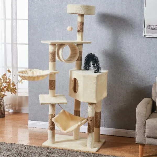 (150cm) Cat tree sisal scratching posts with house / hammock / tunnel / viewing platform - Beige