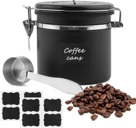 21oz Airtight Coffee Canister, Stainless Steel Coffee Container with Measuring Scoop & Date Tracker for Beans, Ground Coffee, Sugar, and Tea Storage, Black