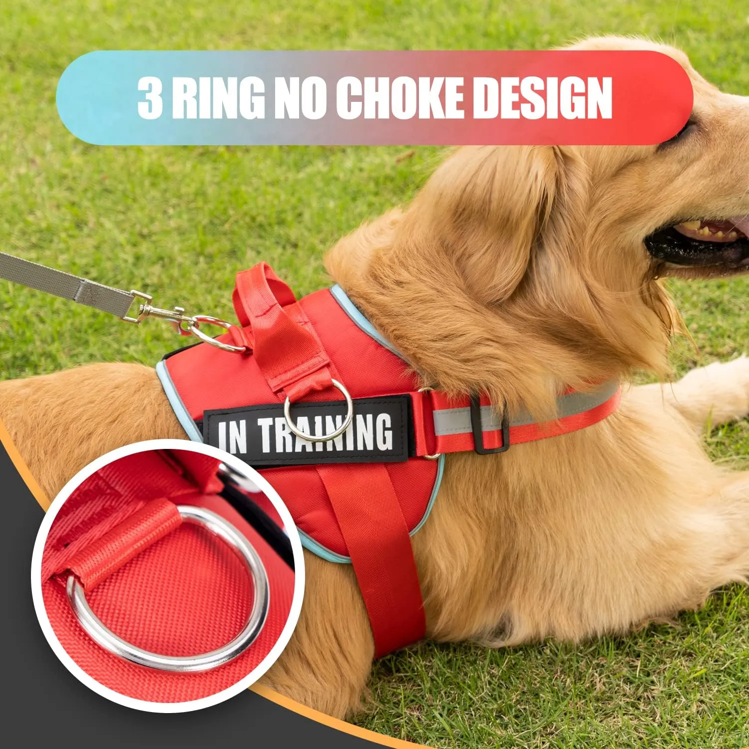 3 Ring No Pull Dog Harness, Reflective Adjustable Dog Vest Harness with 3 Leash Clips, in Training Service Pet Harness with 8Pcs Dog Patches, No-Choke Pet Oxford Vest with Easy Control Handle