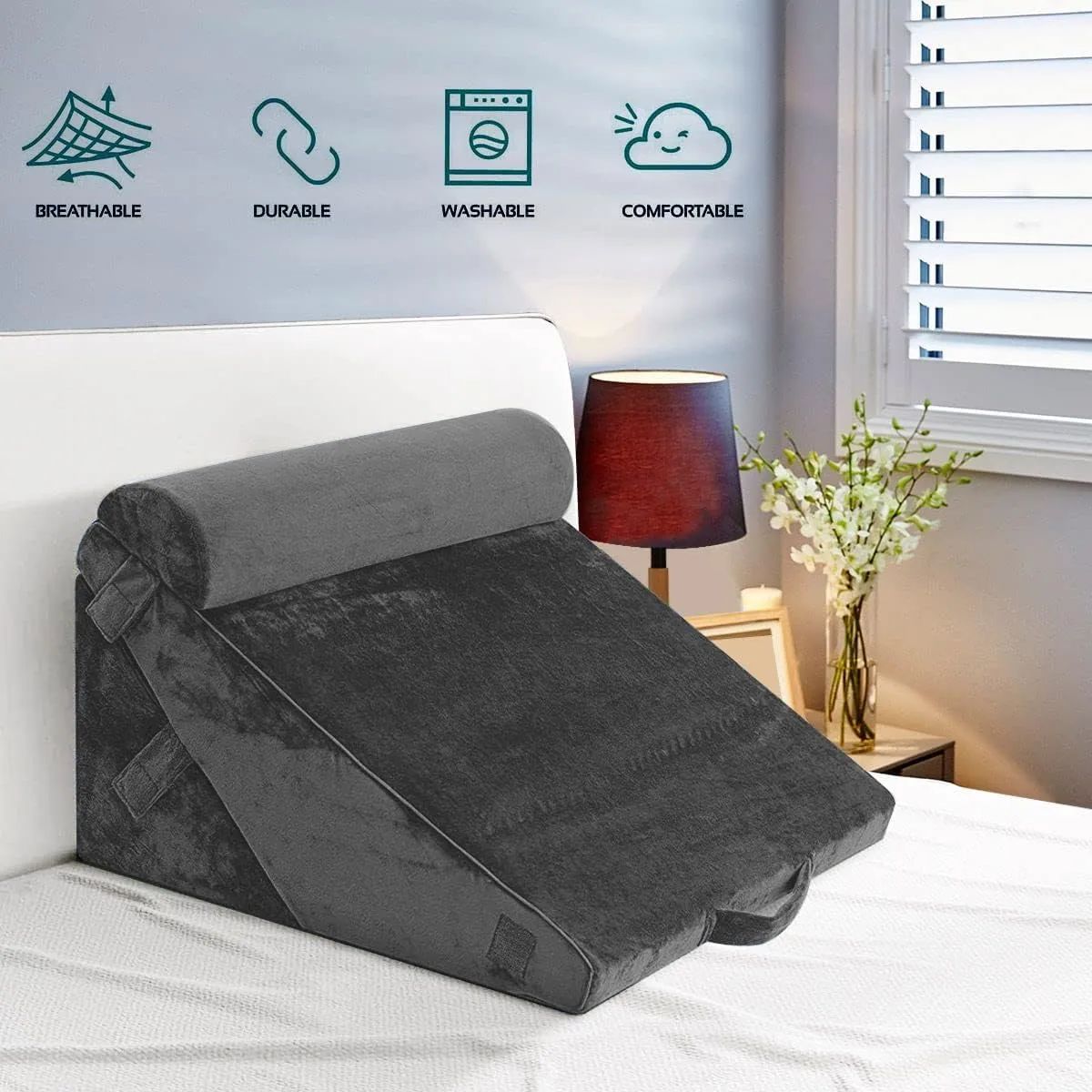 3PCS Bed Wedge Pillow Set Post Surgery Pillow Memory Foam Back Leg and Knee Pain Relief Sitting Pillow for Acid Reflux for Sleeping Gray