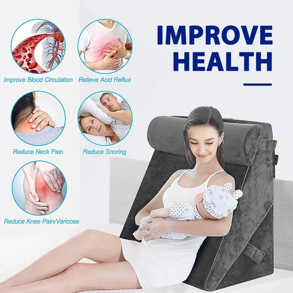 3PCS Bed Wedge Pillow Set Post Surgery Pillow Memory Foam Back Leg and Knee Pain Relief Sitting Pillow for Acid Reflux for Sleeping Gray