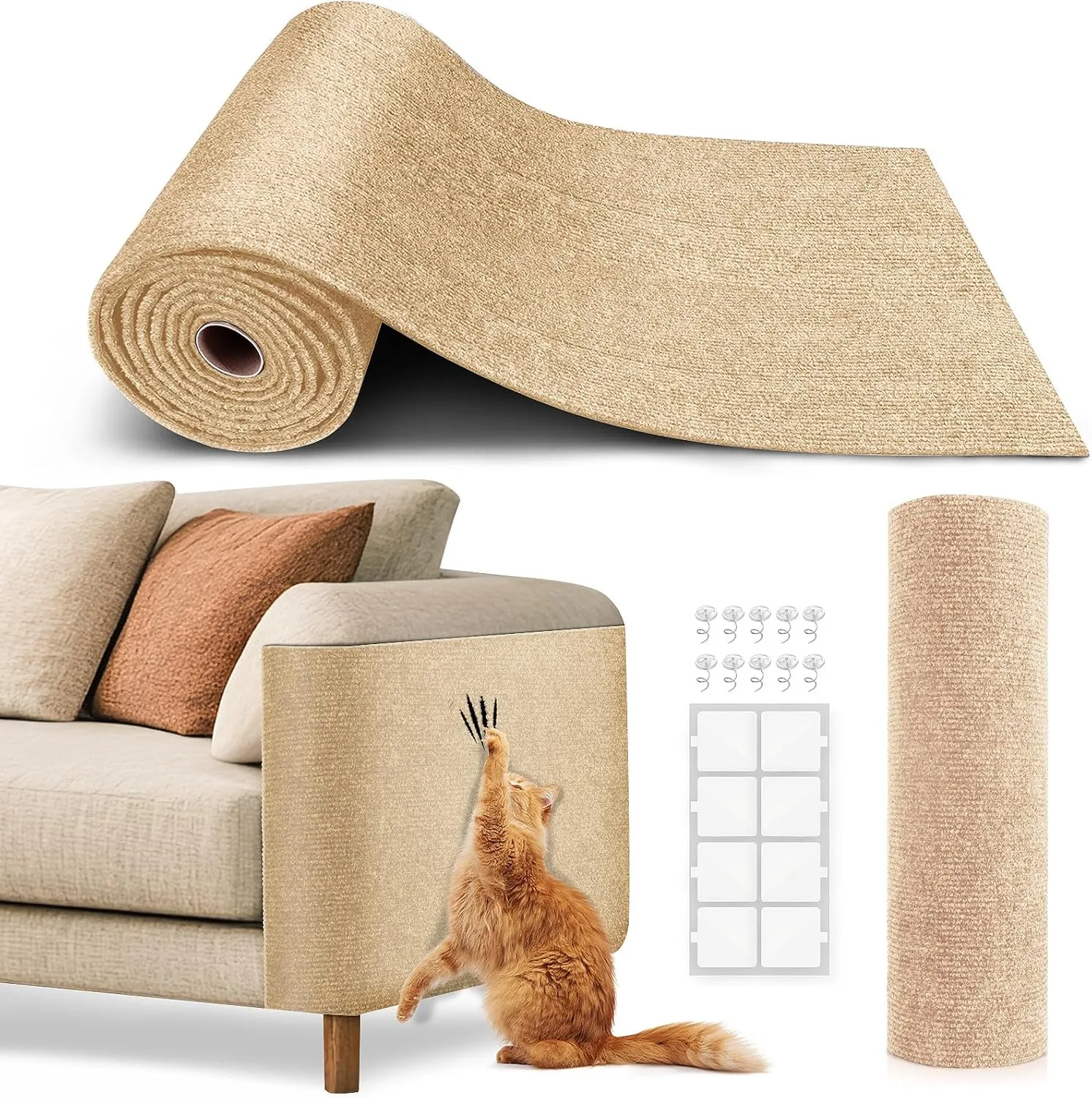 78.7"x15.8" Cat Scratch Mat,Trimmable Self-Adhesive Carpet,DIY Climb Cat Scratcher for Couch Furniture or Wall Protector, Covering Cat Tower, and Replacement Pads (Beige)