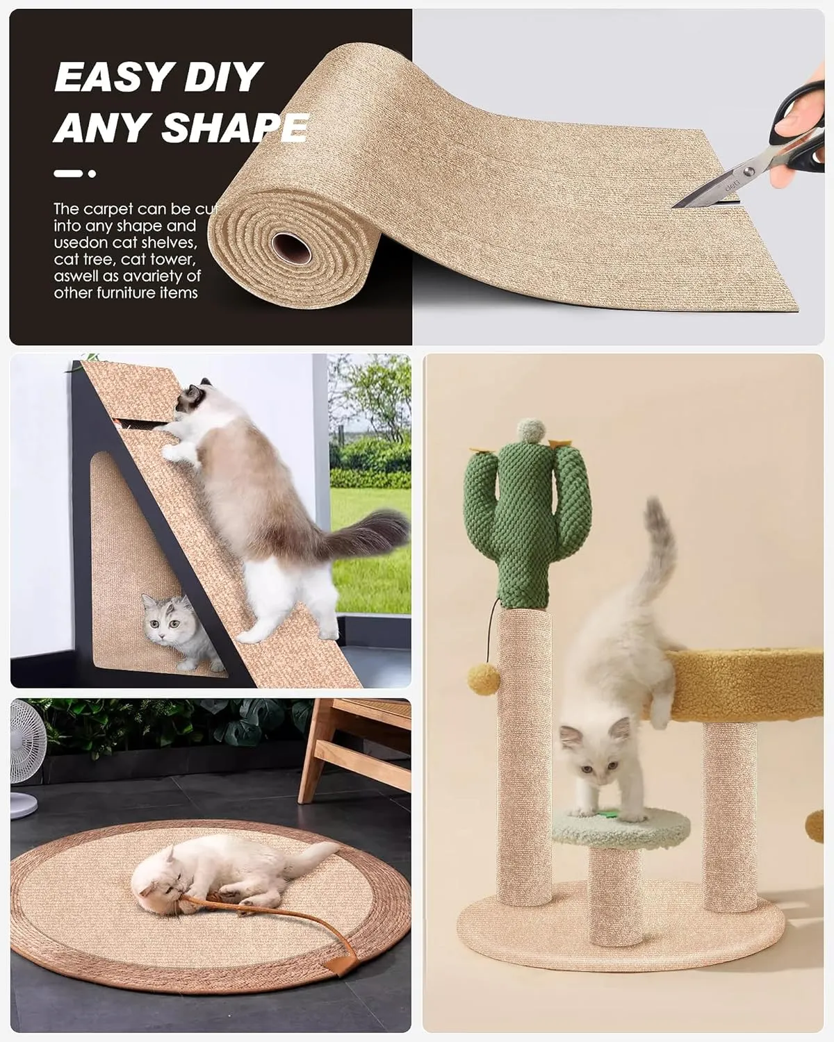 78.7"x15.8" Cat Scratch Mat,Trimmable Self-Adhesive Carpet,DIY Climb Cat Scratcher for Couch Furniture or Wall Protector, Covering Cat Tower, and Replacement Pads (Beige)