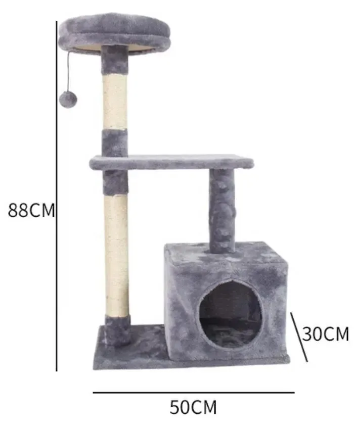 (88cm) Cat tree sisal scratching posts with house / play ball / viewing platform - gray