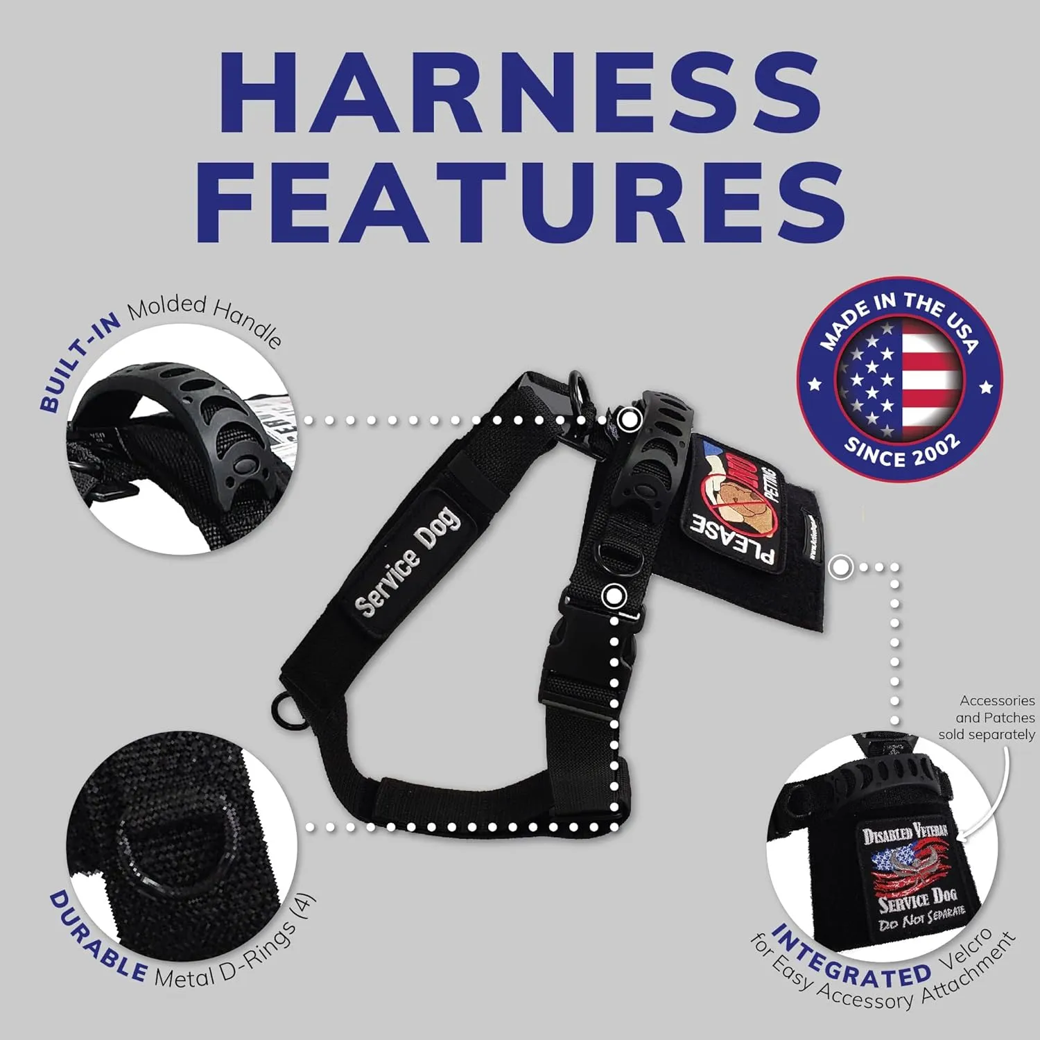 ActiveDogs No Pull Service Dog Vest Harness - Adjustable Strap Tactical Dog Harness M/L 22"-32" w/Front D-Ring Quick Release Buckle   Back Patches Plate