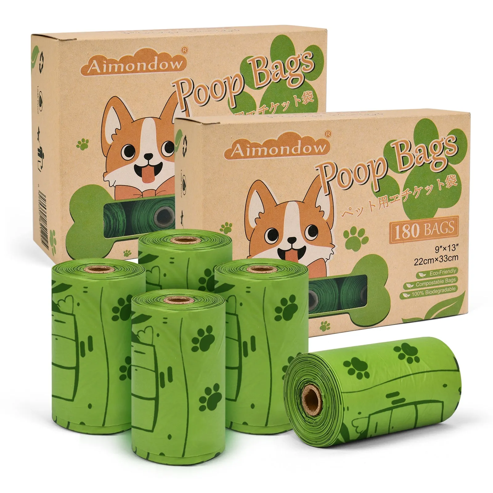 Aimondow Compostable Dog Poop Bags Biodegradable Dogs Waste Bags Leak-proof Poop Bags for Dogs Easy Detach Pet Bags for Dog, 9x13Inch, 12 Rolls, 180 Bags