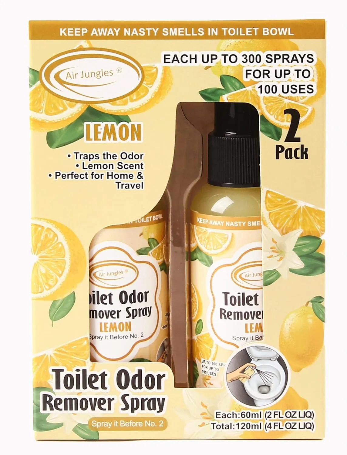 Air Jungles Toilet Poop Odor Eliminator Spray, Lemon Scent, Spray It Before No.2, Up to 100 Uses Per Bottle, For Home, Travel, Office Bathroom, and College Dorm Bathroom