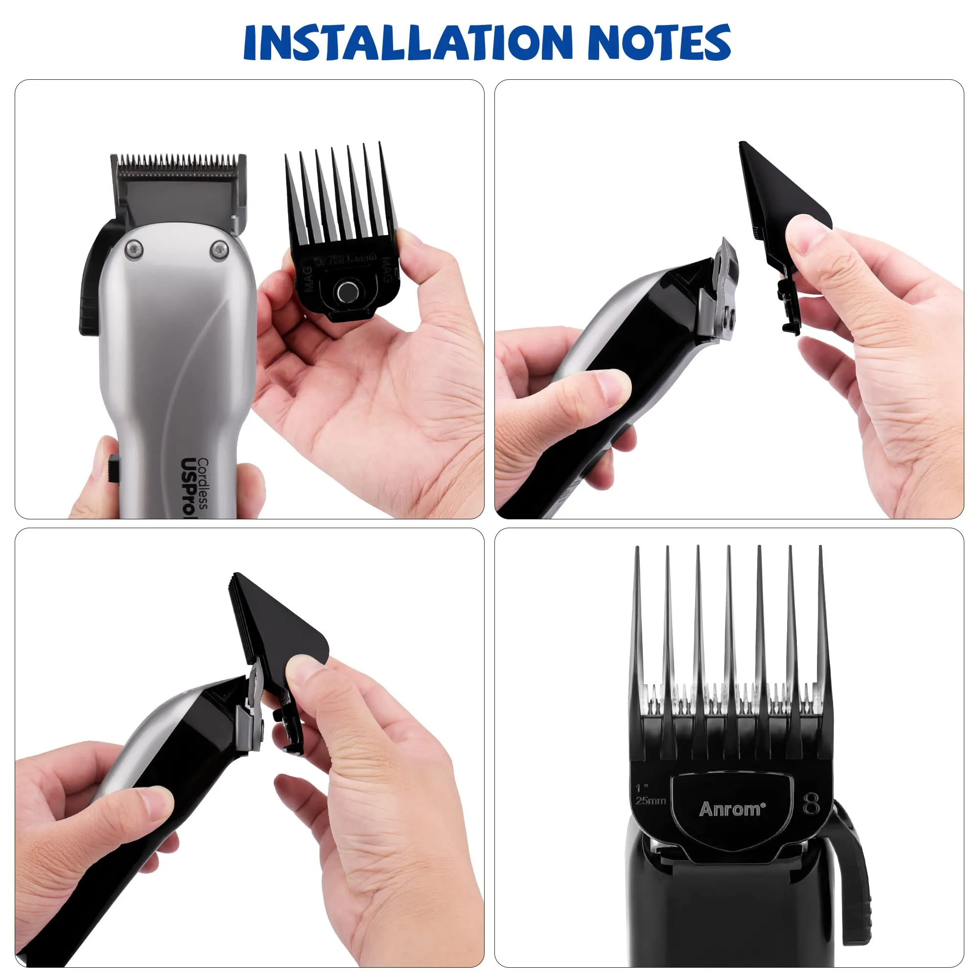 Anrom Magnetic Clipper Guards Guide Comb 10PCS for Andis Master Hair Clipper MBA, MBX, MC-2, ML, MA-1, RACA, PM-1, PM-2, PM-3, PM-4, US-1, RS-1 Lengths 1/16" to 1" (Black)