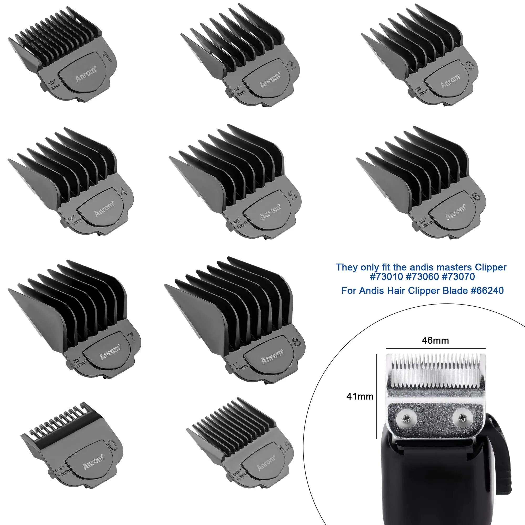 Anrom Magnetic Clipper Guards Guide Comb 10PCS for Andis Master Hair Clipper MBA, MBX, MC-2, ML, MA-1, RACA, PM-1, PM-2, PM-3, PM-4, US-1, RS-1 Lengths 1/16" to 1" (Black)