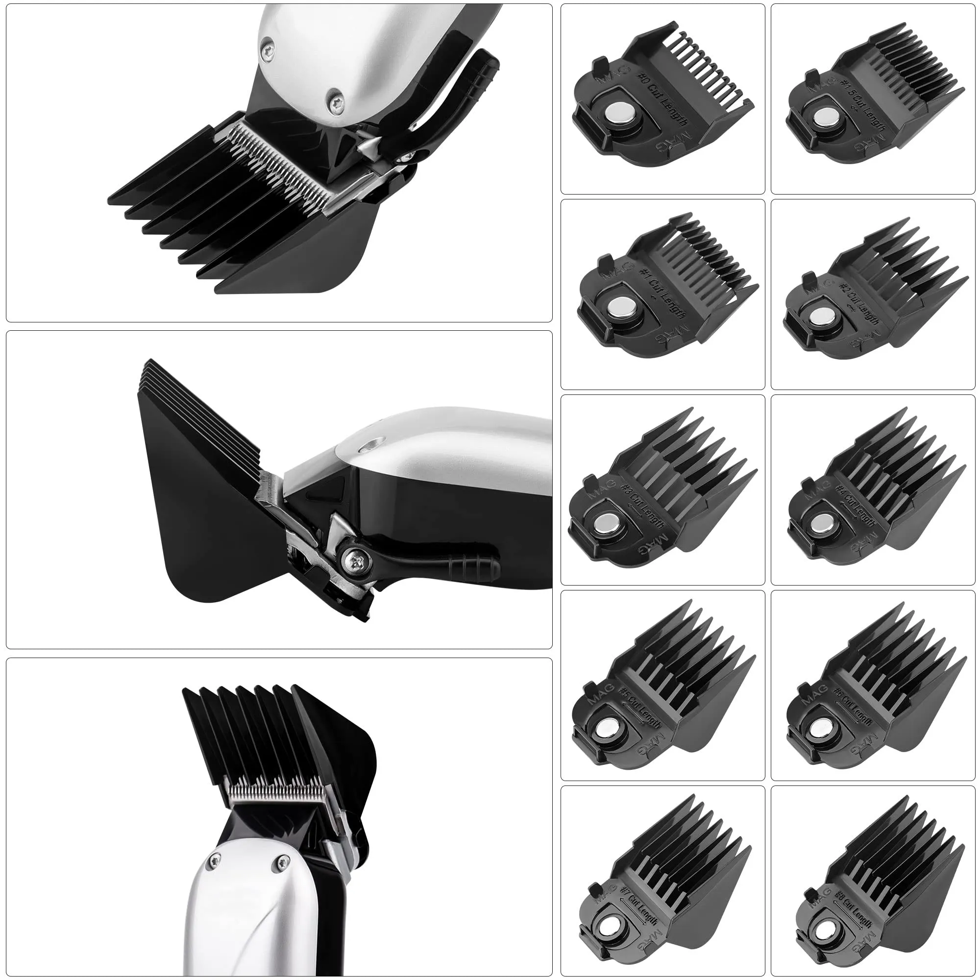 Anrom Magnetic Clipper Guards Guide Comb 10PCS for Andis Master Hair Clipper MBA, MBX, MC-2, ML, MA-1, RACA, PM-1, PM-2, PM-3, PM-4, US-1, RS-1 Lengths 1/16" to 1" (Black)