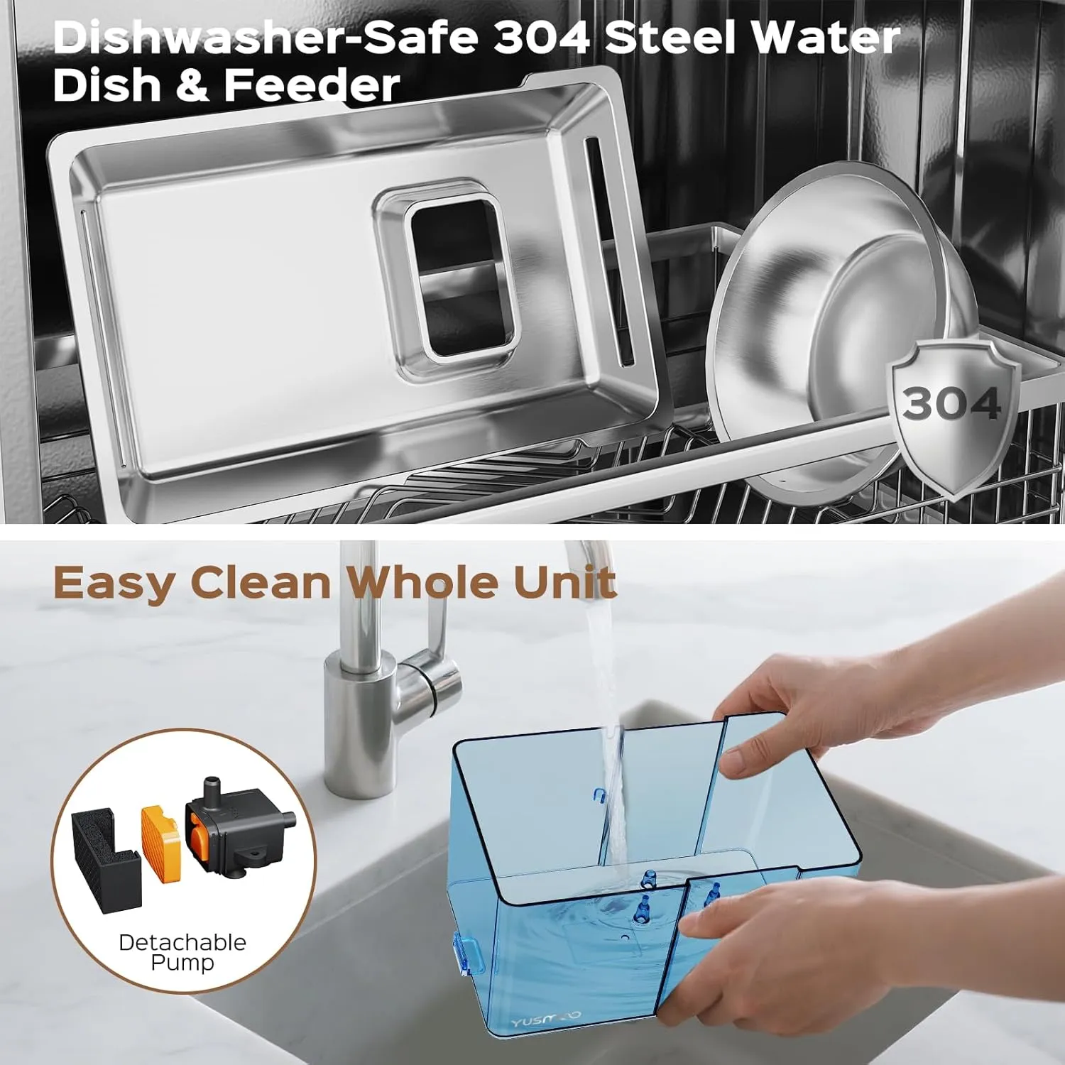 Automatic Cat Water Fountain with Food Bowl  2.2L/74oz 2-in-1 Pet Water Dispenser & 304 Stainless Steel Bowl, Ultra-Quiet, LED Indicator, BPA-Free, Smart Shut-Off for Cats and Dogs