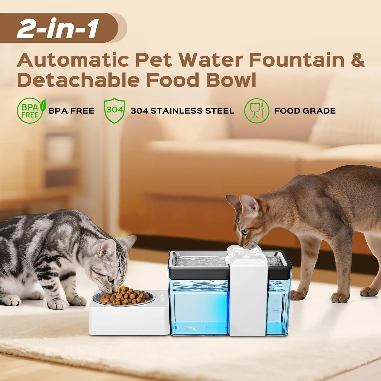 Automatic Cat Water Fountain with Food Bowl  2.2L/74oz 2-in-1 Pet Water Dispenser & 304 Stainless Steel Bowl, Ultra-Quiet, LED Indicator, BPA-Free, Smart Shut-Off for Cats and Dogs