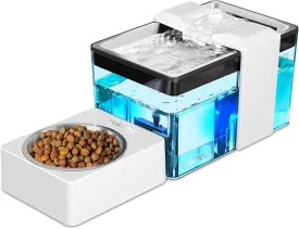 Automatic Cat Water Fountain with Food Bowl  2.2L/74oz 2-in-1 Pet Water Dispenser & 304 Stainless Steel Bowl, Ultra-Quiet, LED Indicator, BPA-Free, Smart Shut-Off for Cats and Dogs