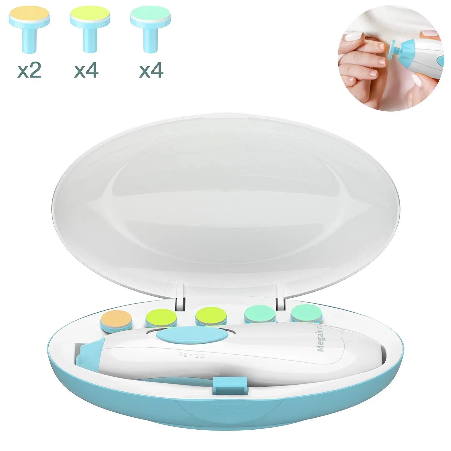 Baby Nail File Megainvo Electric Nail Trimmer Manicure Set Nails Clipper LED Light Whisper Quiet Design Safe for Newborn Toddler Kids Toes and Fingernails Care Kit 10 Grinding Heads Blue Light blue