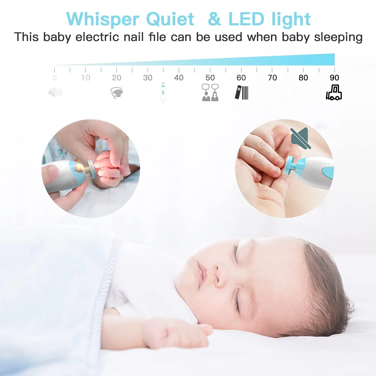 Baby Nail File Megainvo Electric Nail Trimmer Manicure Set Nails Clipper LED Light Whisper Quiet Design Safe for Newborn Toddler Kids Toes and Fingernails Care Kit 10 Grinding Heads Blue Light blue