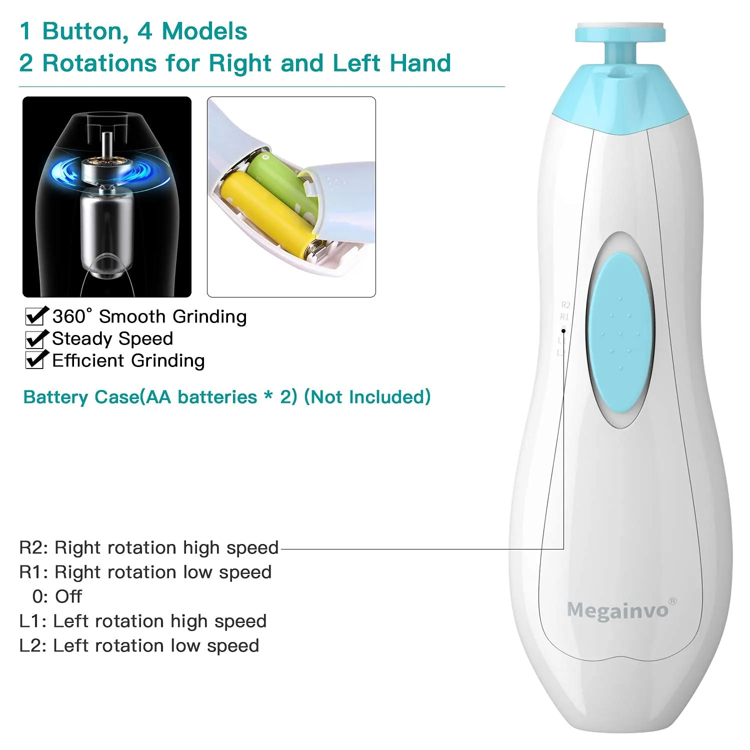 Baby Nail File Megainvo Electric Nail Trimmer Manicure Set Nails Clipper LED Light Whisper Quiet Design Safe for Newborn Toddler Kids Toes and Fingernails Care Kit 10 Grinding Heads Blue Light blue