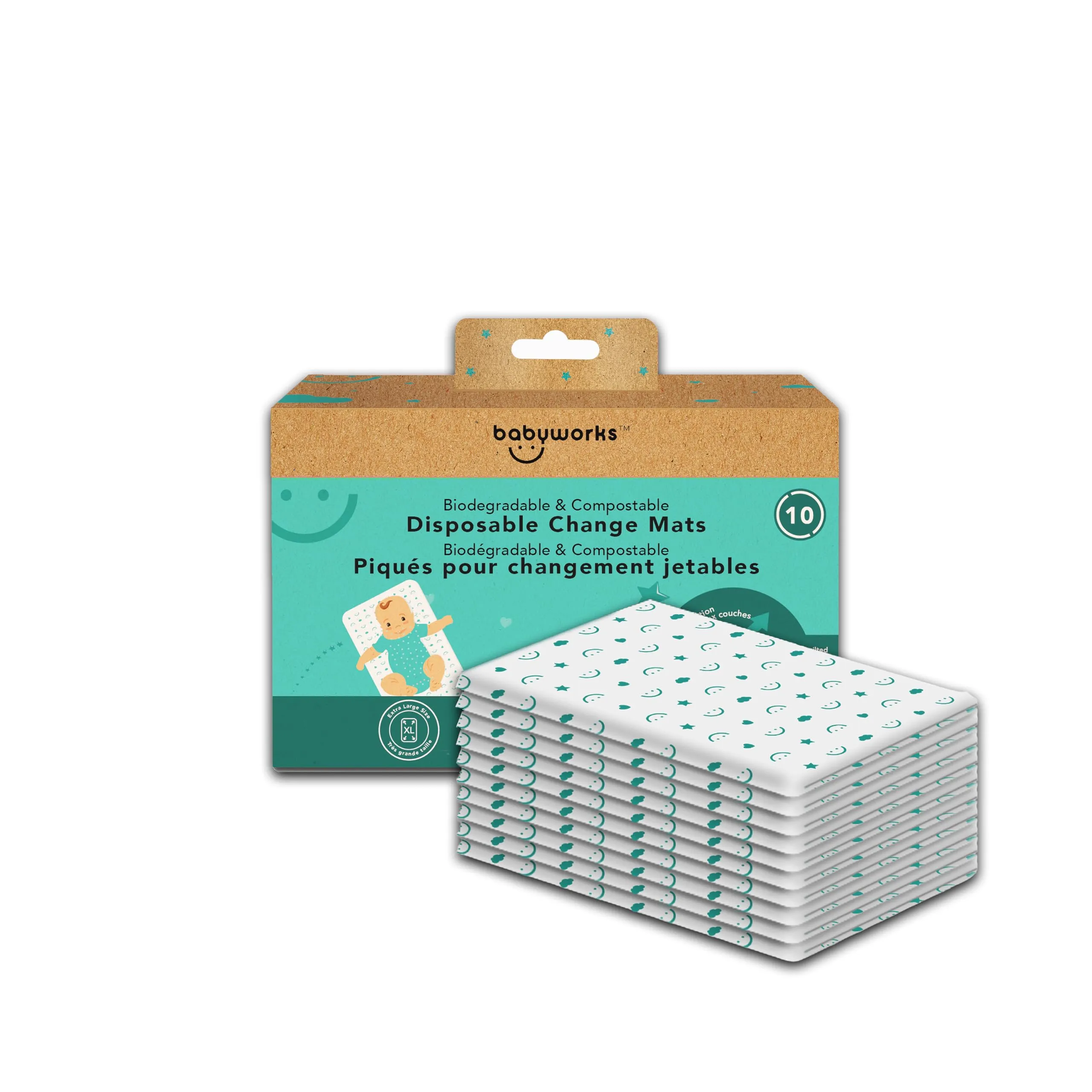 Baby Works - Disposable, Biodegradable, & Compostable Change Mats. Waterproof & Leak-Proof Changing Pad, Super Soft, for Babies & Toddlers - 68x45 cm, 10 Count