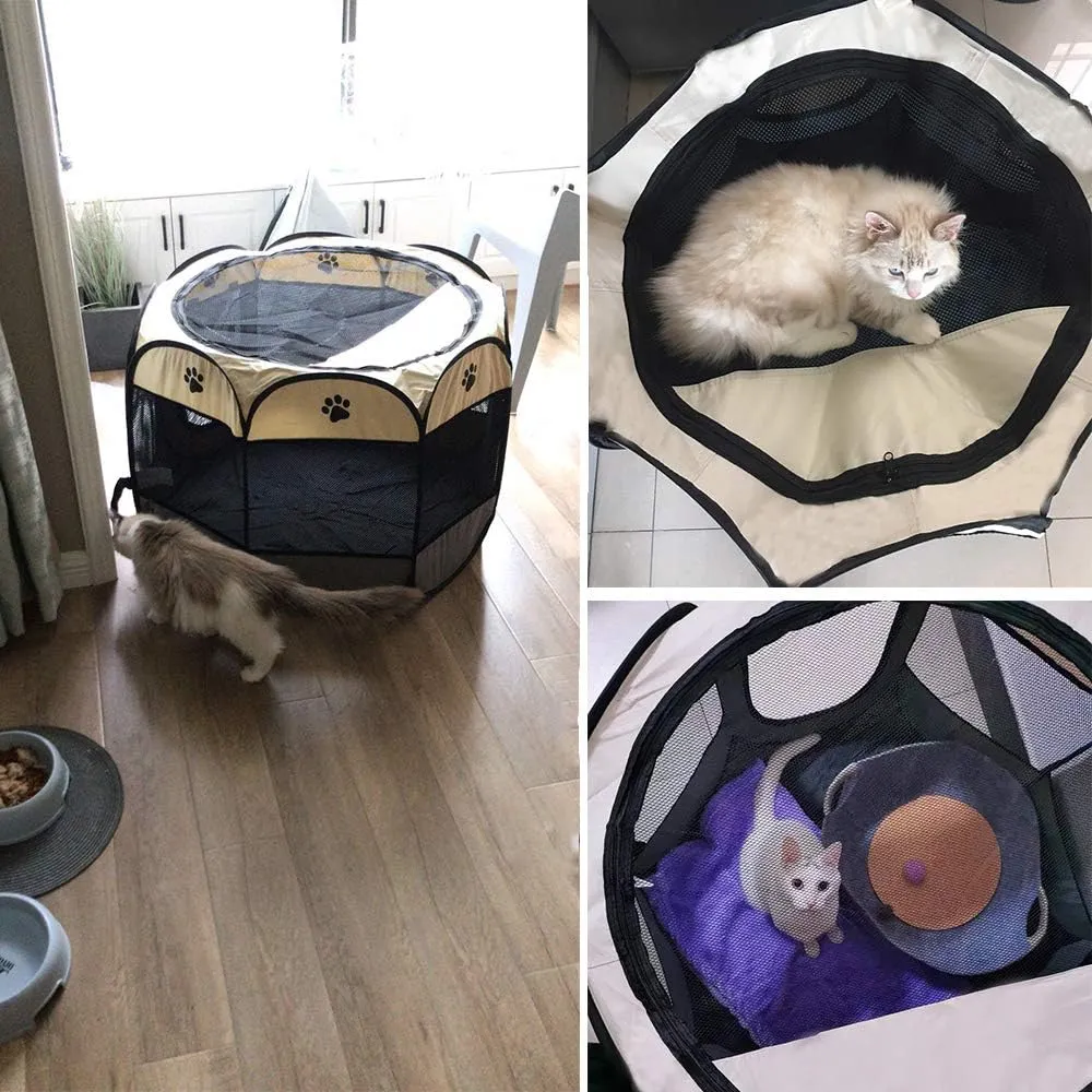 BODISEINT Portable Pet Playpen, Dog Playpen Foldable Pet Exercise Pen Tents Dog Kennel House Playground for Puppy Dog Yorkie Cat Bunny Indoor Outdoor Travel Camping Use (Medium, Coffee - Beige)