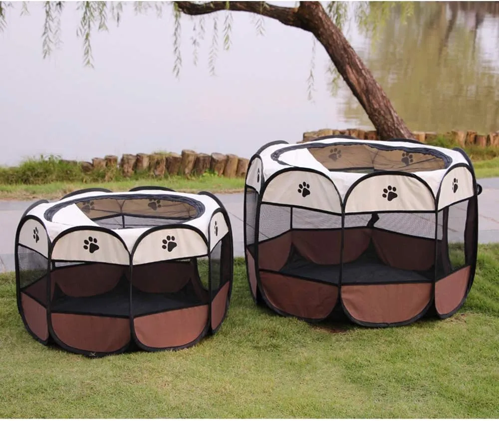 BODISEINT Portable Pet Playpen, Dog Playpen Foldable Pet Exercise Pen Tents Dog Kennel House Playground for Puppy Dog Yorkie Cat Bunny Indoor Outdoor Travel Camping Use (Medium, Coffee - Beige)