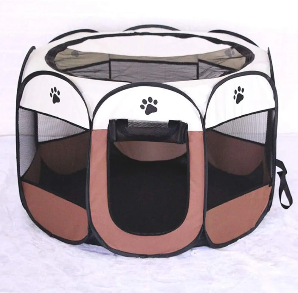 BODISEINT Portable Pet Playpen, Dog Playpen Foldable Pet Exercise Pen Tents Dog Kennel House Playground for Puppy Dog Yorkie Cat Bunny Indoor Outdoor Travel Camping Use (Medium, Coffee - Beige)