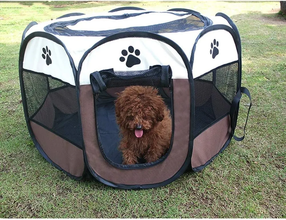 BODISEINT Portable Pet Playpen, Dog Playpen Foldable Pet Exercise Pen Tents Dog Kennel House Playground for Puppy Dog Yorkie Cat Bunny Indoor Outdoor Travel Camping Use (Medium, Coffee - Beige)