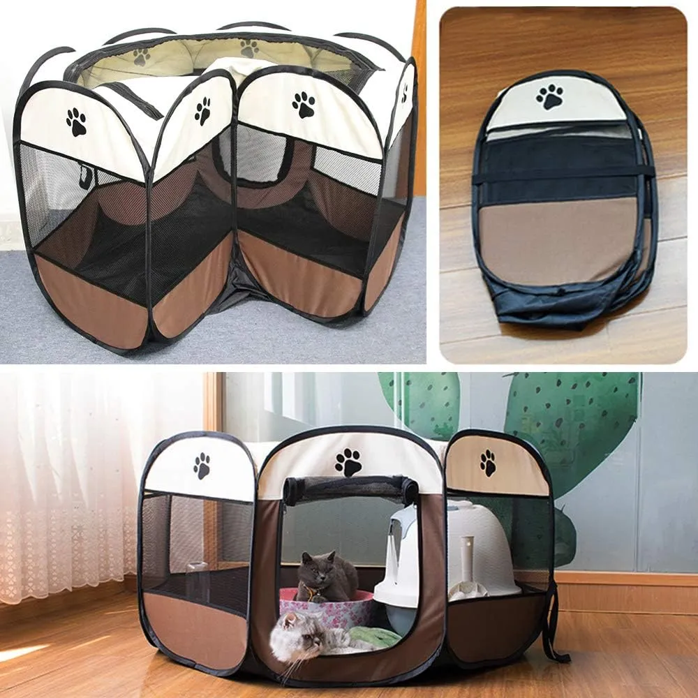 BODISEINT Portable Pet Playpen, Dog Playpen Foldable Pet Exercise Pen Tents Dog Kennel House Playground for Puppy Dog Yorkie Cat Bunny Indoor Outdoor Travel Camping Use (Medium, Coffee - Beige)