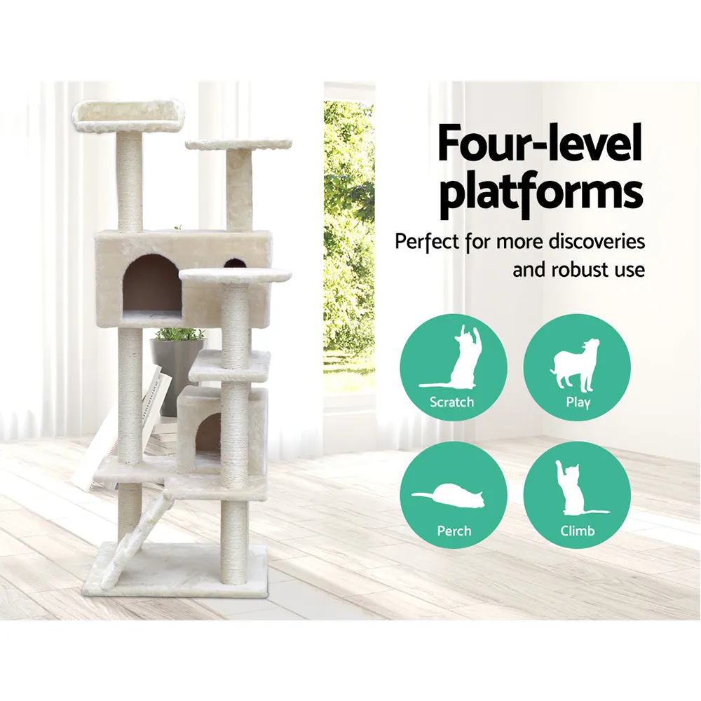 Cat Tree 134cm, Wood Scratching Post Tower Condo, Beige