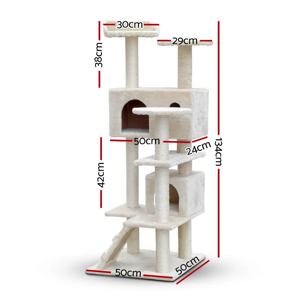 Cat Tree 134cm, Wood Scratching Post Tower Condo, Beige