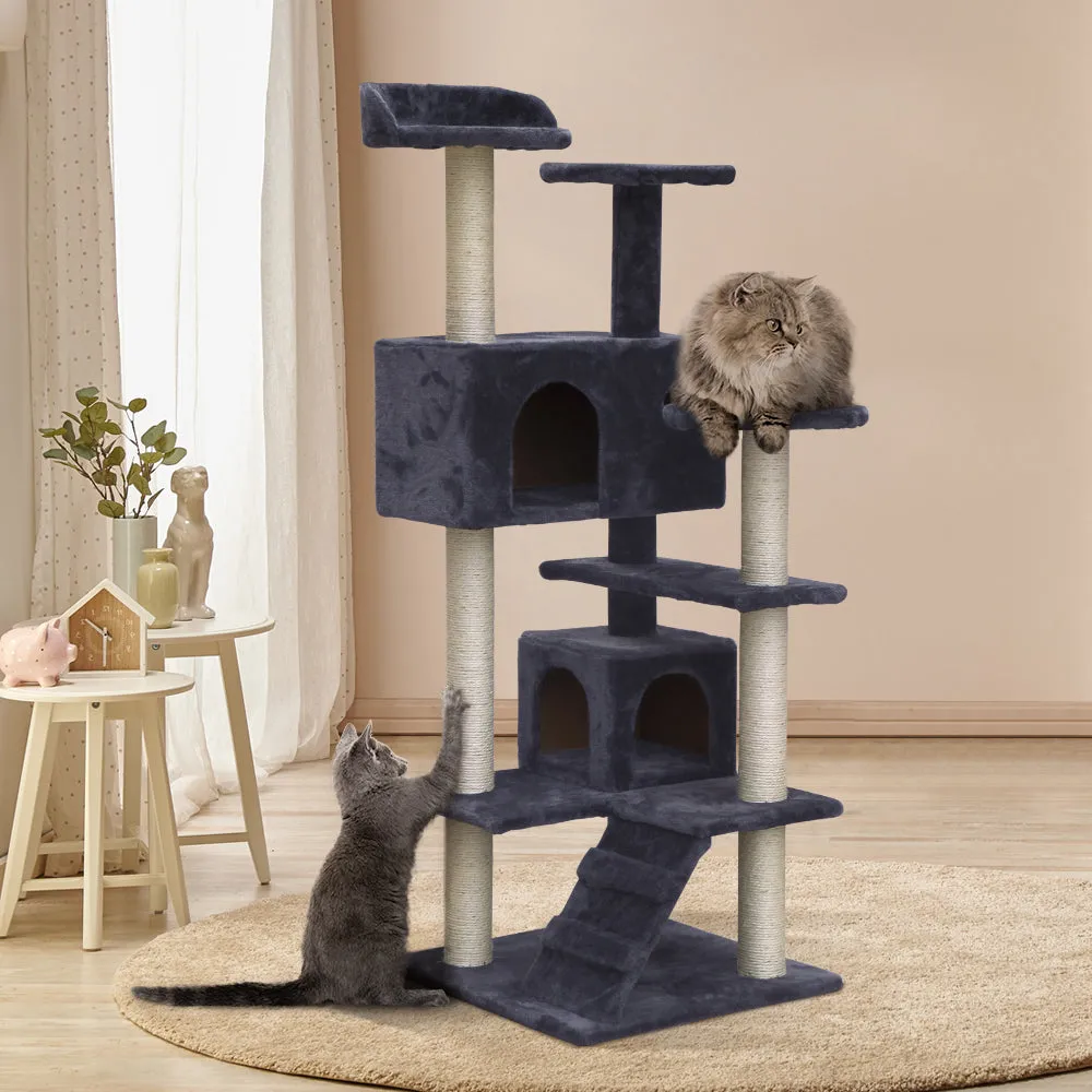 Cat Tree 134cm, Wood Scratching Post Tower Condo, Grey