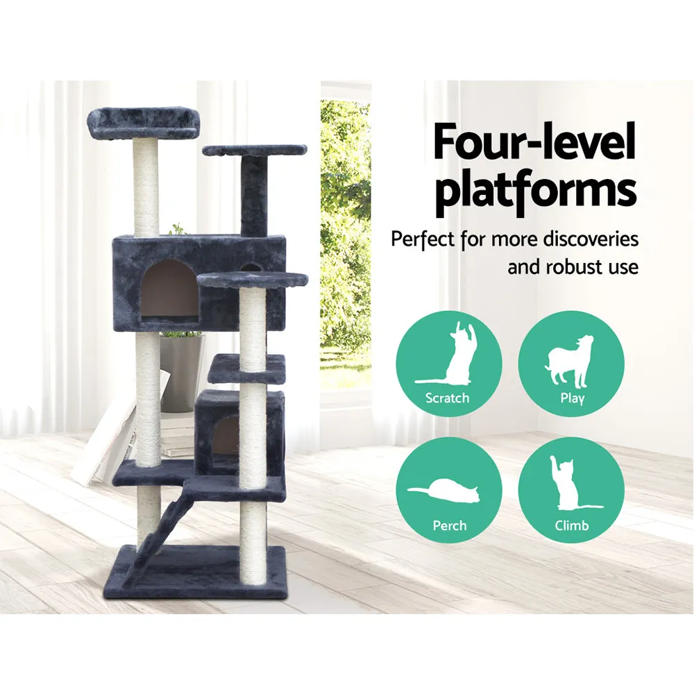 Cat Tree 134cm, Wood Scratching Post Tower Condo, Grey