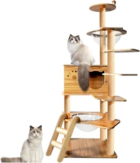 Cat Tree, 59.6'' Wooden Cat Tree, 6 Multi-Level Jumping Platforms Modern Cat Tree, Wood Cat Tree with 12 Scratching Posts, Space Capsules, Climbing Step, Cat Trees for Indoor Large Cats