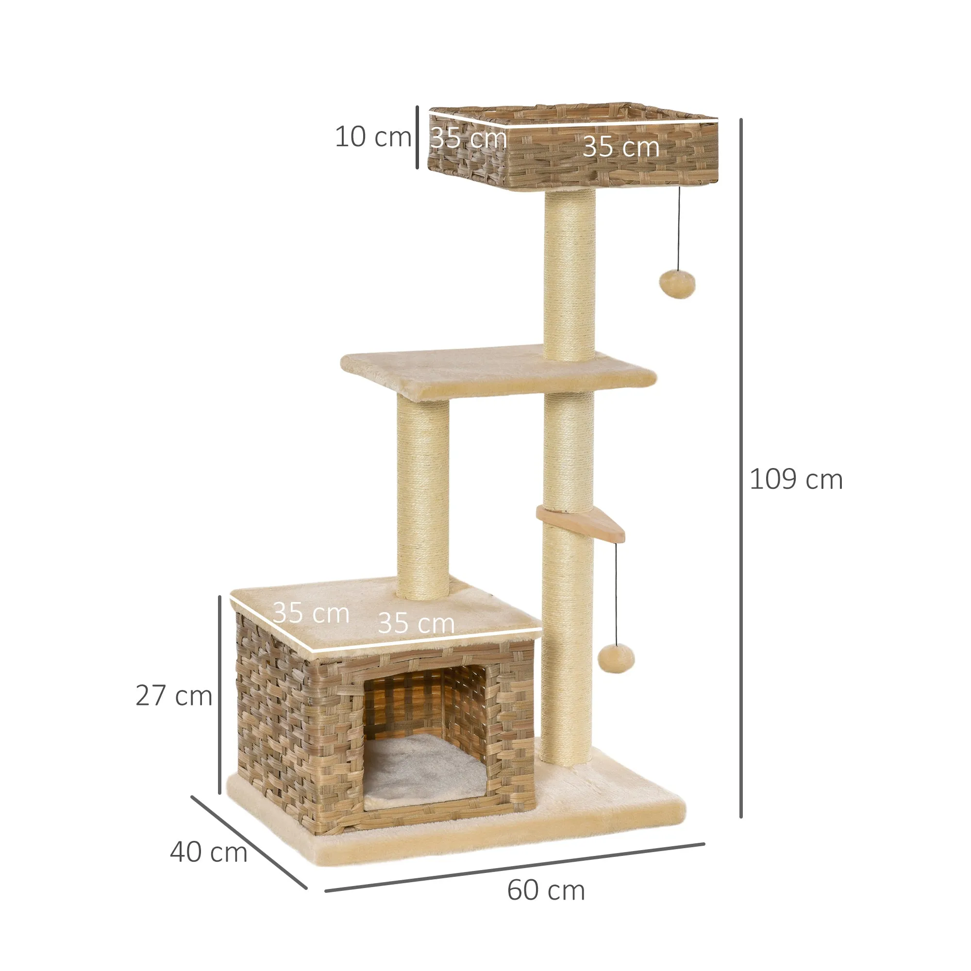 Cat Tree Tower Climb Activity Centre Kitten Rattan 60 x 40 x 109cm