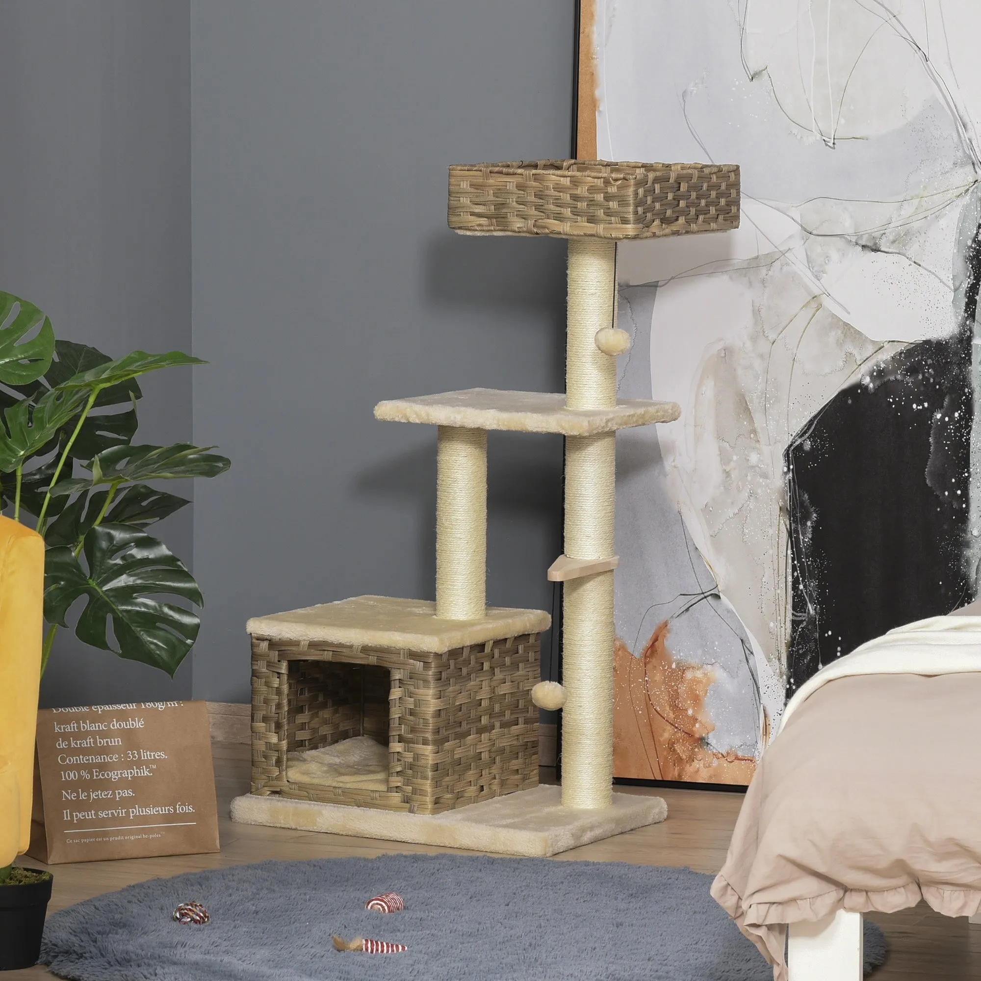Cat Tree Tower Climb Activity Centre Kitten Rattan 60 x 40 x 109cm