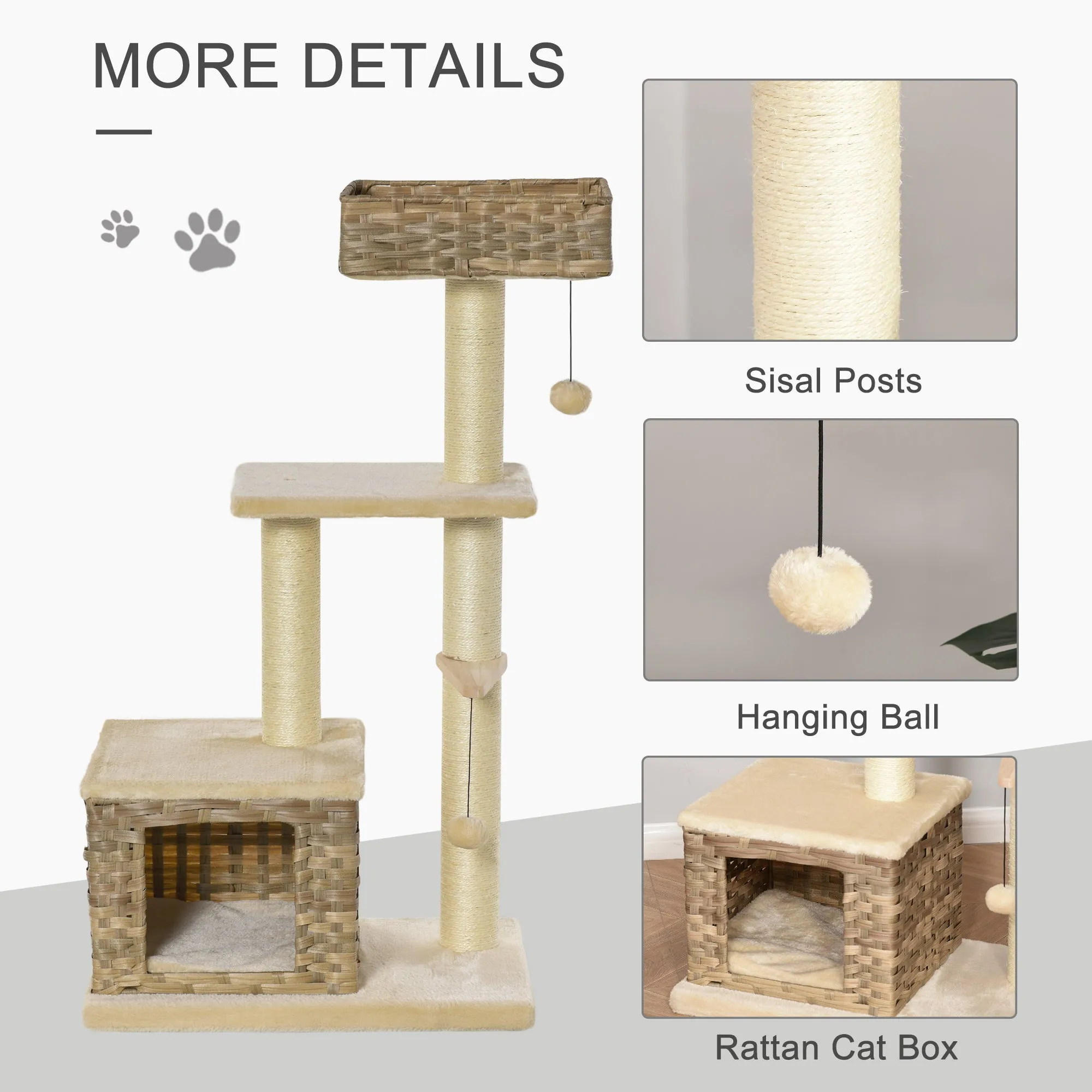 Cat Tree Tower Climb Activity Centre Kitten Rattan 60 x 40 x 109cm