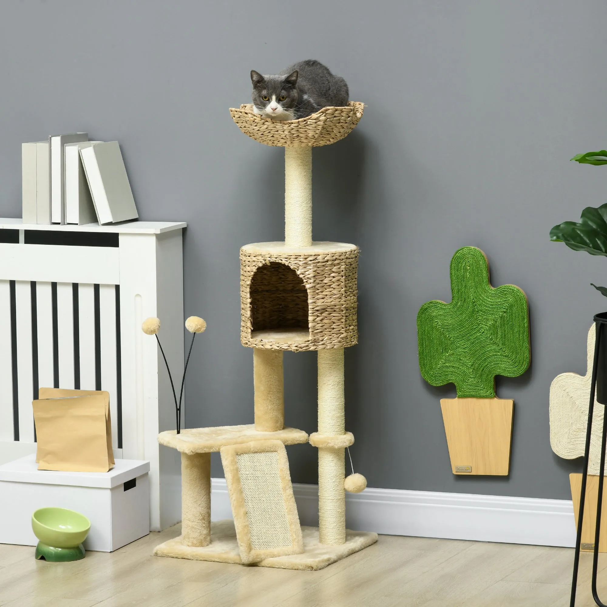 Cat Tree Tower with Scratching Post Cat House Bed Toy Ball Platform - Beige
