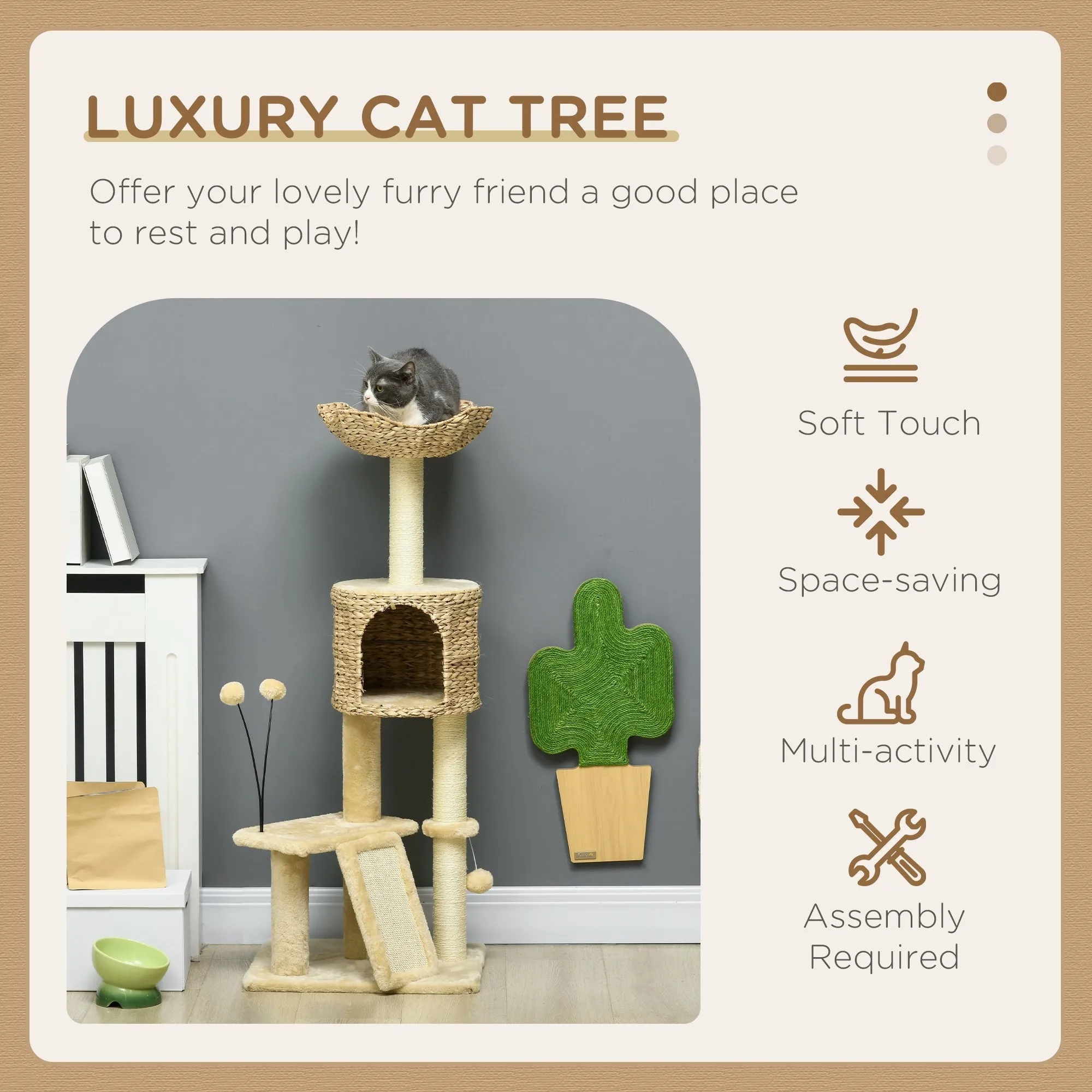 Cat Tree Tower with Scratching Post Cat House Bed Toy Ball Platform - Beige