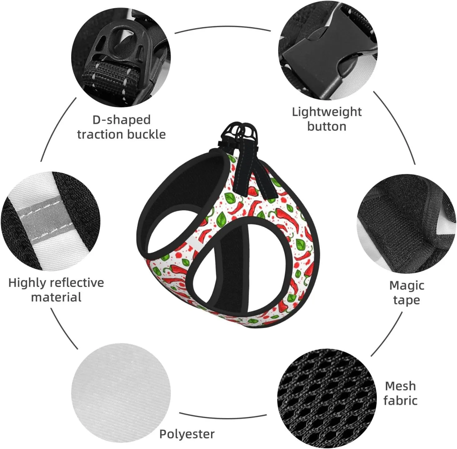 Chili Peppers Print No Pull Dog Harness and Leash Set, Cute Reflective Adjustable Vest for Small Dogs,Breathable Mesh Puppy Harness for Walking Hiking,Small