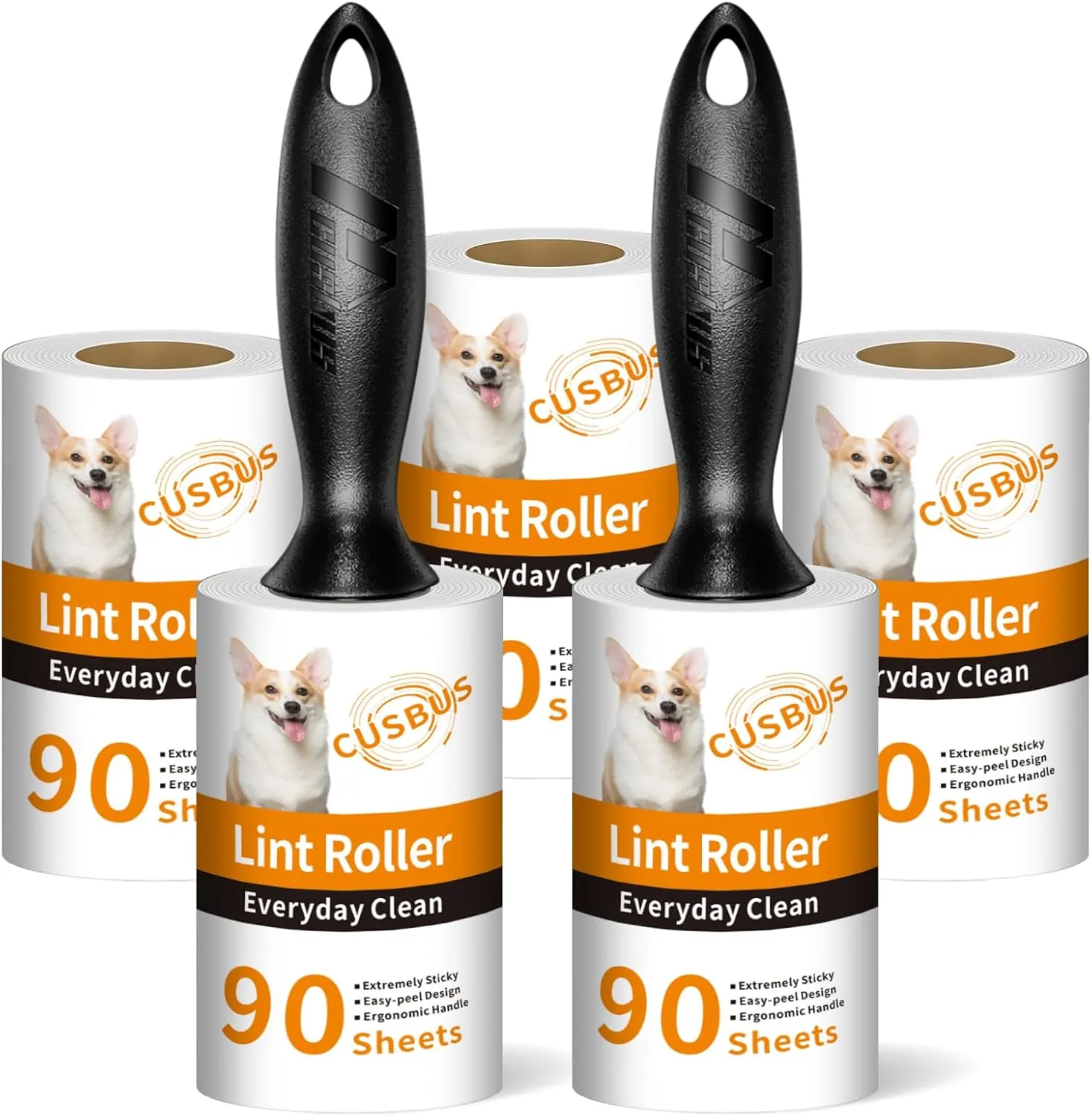 Cusbus Lint Rollers for Pet Hair - Extra Sticky, [450 Sheets/5 Refills] Lint Roller with 2 Upgraded Handles, Portable Lint Remover Brush for Dog & Cat Hair