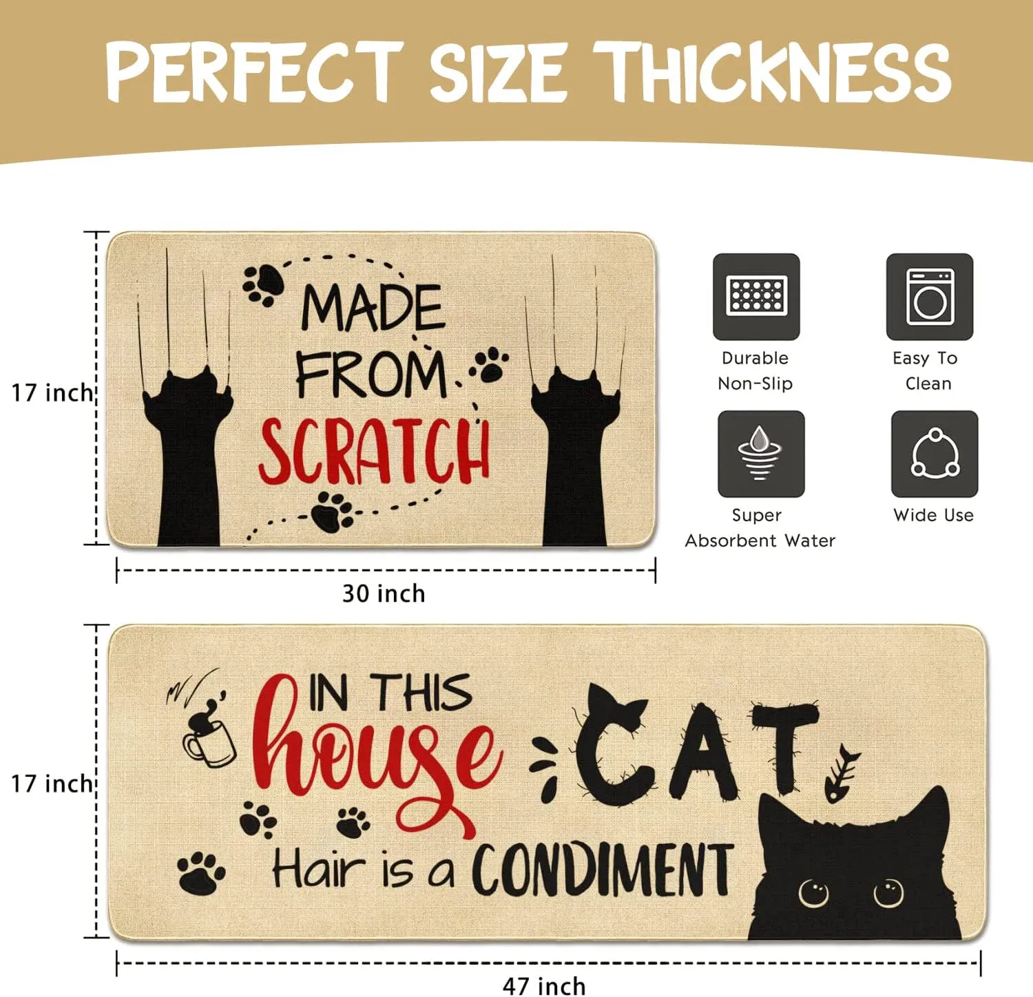 Cute Kitchen Mat Set of 2,Funny Cat Kitchen Rugs and Mats Non Skid Washable,Cute Kitchen Decor Accessories Cats Lover Owners Housewarming Gifts,Made from Scratch (17"x47" 17"x30")