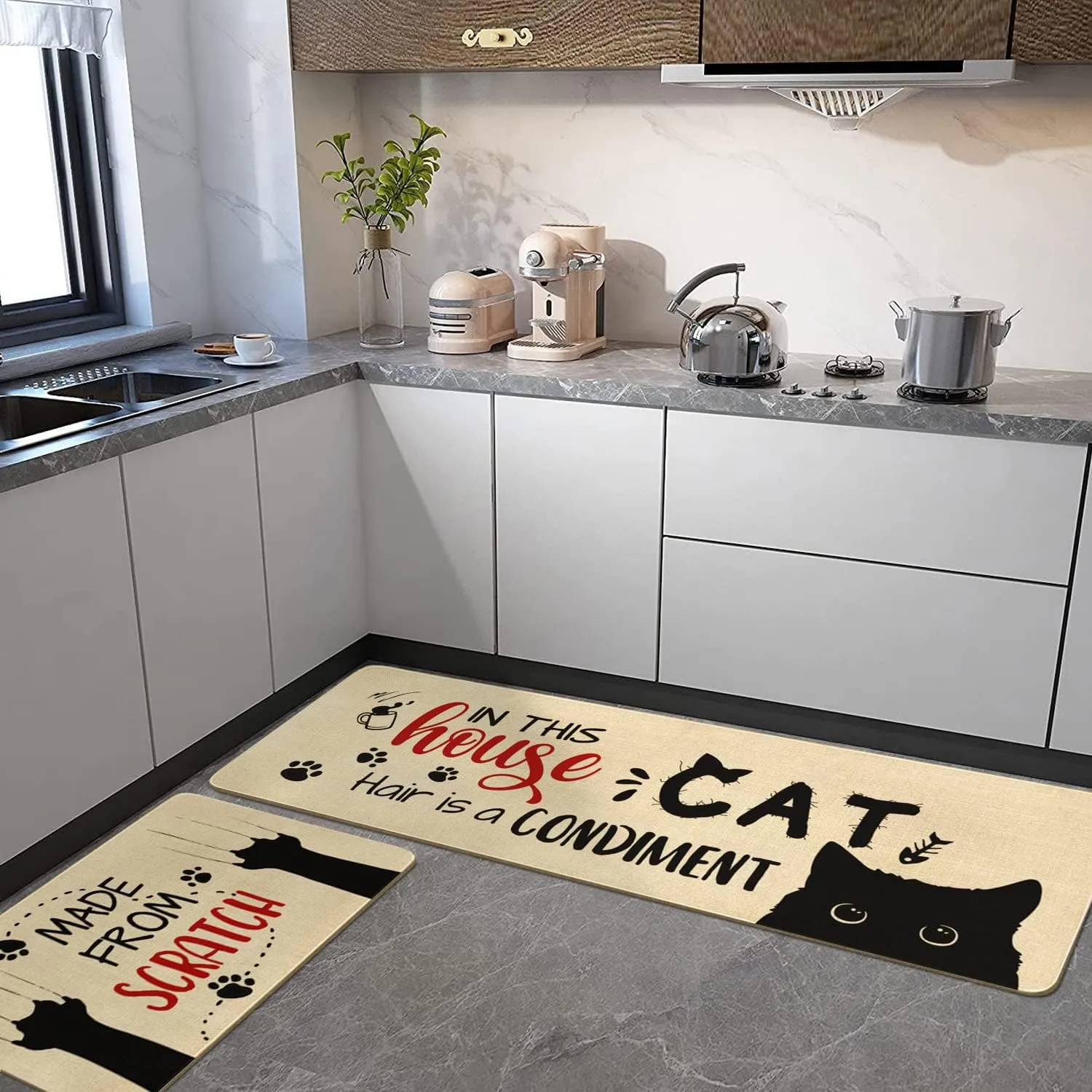 Cute Kitchen Mat Set of 2,Funny Cat Kitchen Rugs and Mats Non Skid Washable,Cute Kitchen Decor Accessories Cats Lover Owners Housewarming Gifts,Made from Scratch (17"x47" 17"x30")