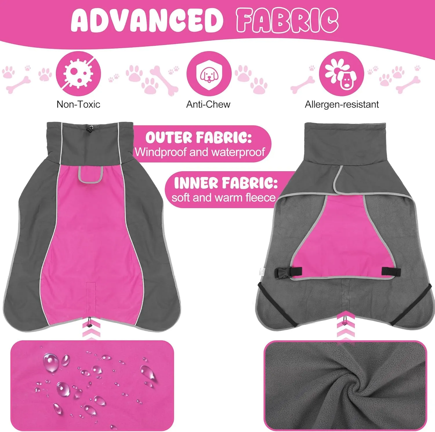 Dog Raincoat, Waterproof Dog Coat with Reflective Straps, Leash Hole & Polar Fleece Lining, Winter Dog Rain Coat for Small, Medium & Large Dogs, Warm, Windproof Dog Vest Jackets