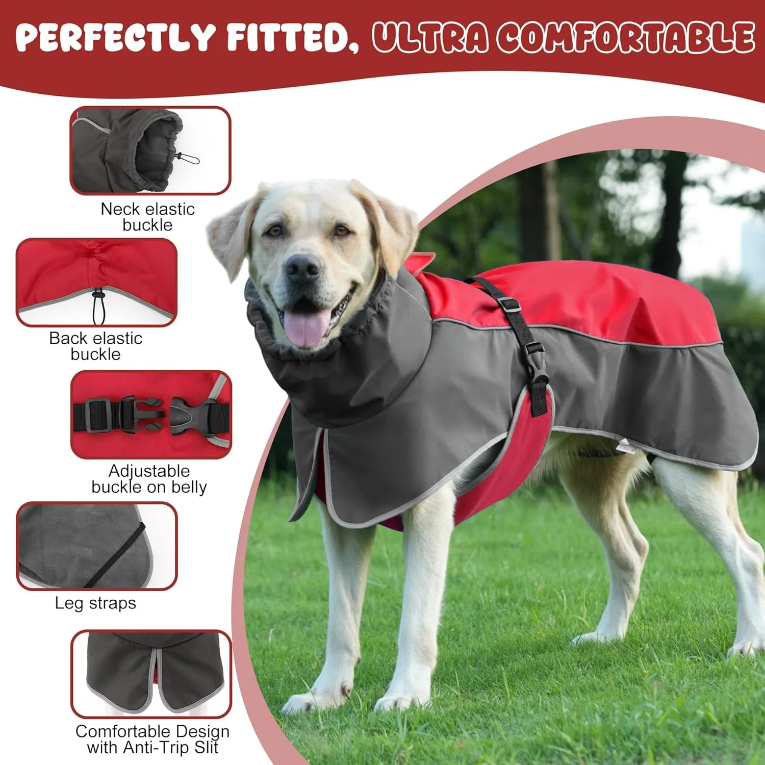 Dog Raincoat, Waterproof Dog Coat with Reflective Straps, Leash Hole & Polar Fleece Lining, Winter Rain Coat for Small, Medium & Large Dogs, Keep Warm, Windproof Vest Jackets