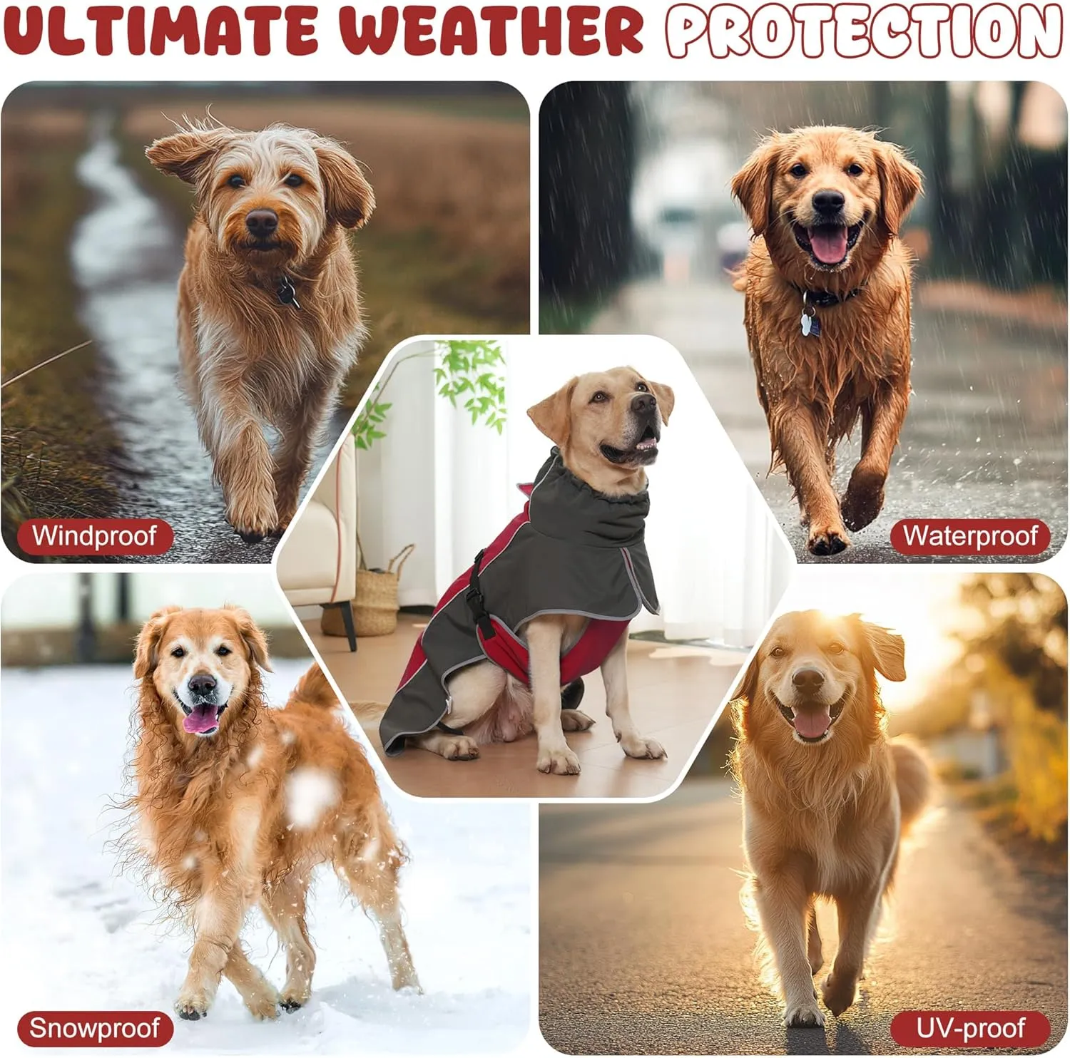 Dog Raincoat, Waterproof Dog Coat with Reflective Straps, Leash Hole & Polar Fleece Lining, Winter Rain Coat for Small, Medium & Large Dogs, Keep Warm, Windproof Vest Jackets