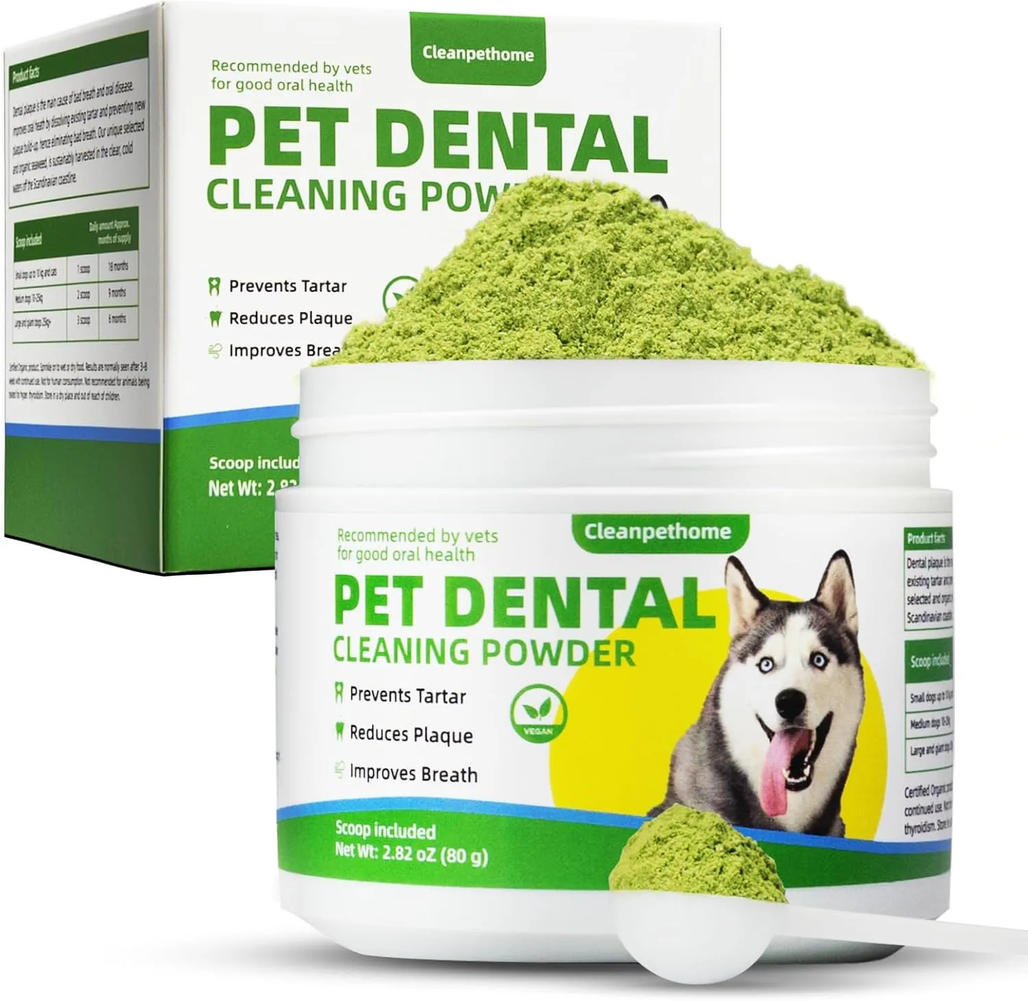 Dog Teeth Cleaning Powder, Dental Powder for Dogs and Cats, Breath Freshener and Tartar Remover with Probiotics, Enzymes and Seaweed, Dog Dental Care for Small, Medium and Large Breeds