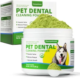 Dog Teeth Cleaning Powder, Dental Powder for Dogs and Cats, Breath Freshener and Tartar Remover with Probiotics, Enzymes and Seaweed, Dog Dental Care for Small, Medium and Large Breeds