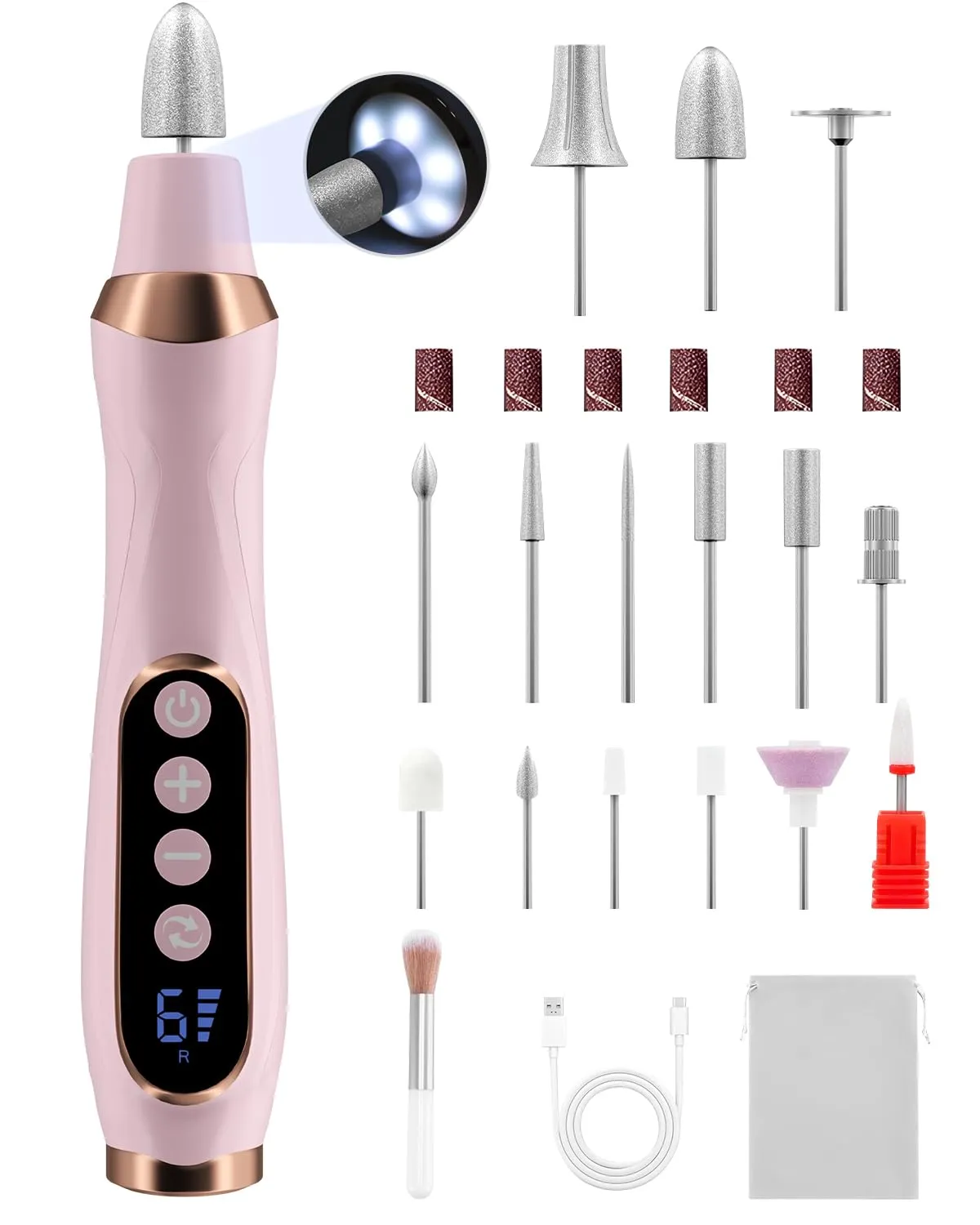 Electric Nail Drill, Long-Lasting Electric Nail File, Low Noise Electric Nail Drill with 360 LED Light & 6 Speeds, Toenail Grinder for Thick Nail Toenail Cuticle Women Men Baby Pets