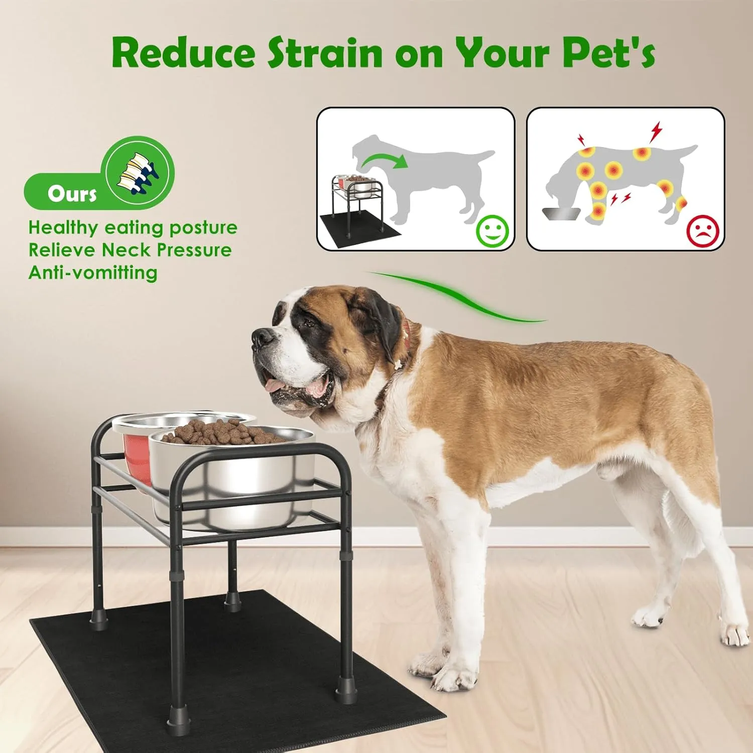 Extra Large & Tall Metal Raised Dog Bowl Stand for Extra Large Dogs, Table Steel Frame Dog Bowls Stand with Mat,Non-Slip,Adjust to 4 Heights 15"-22", Holds 4"-10.5" Diameter Bowl,Bowl Not Included