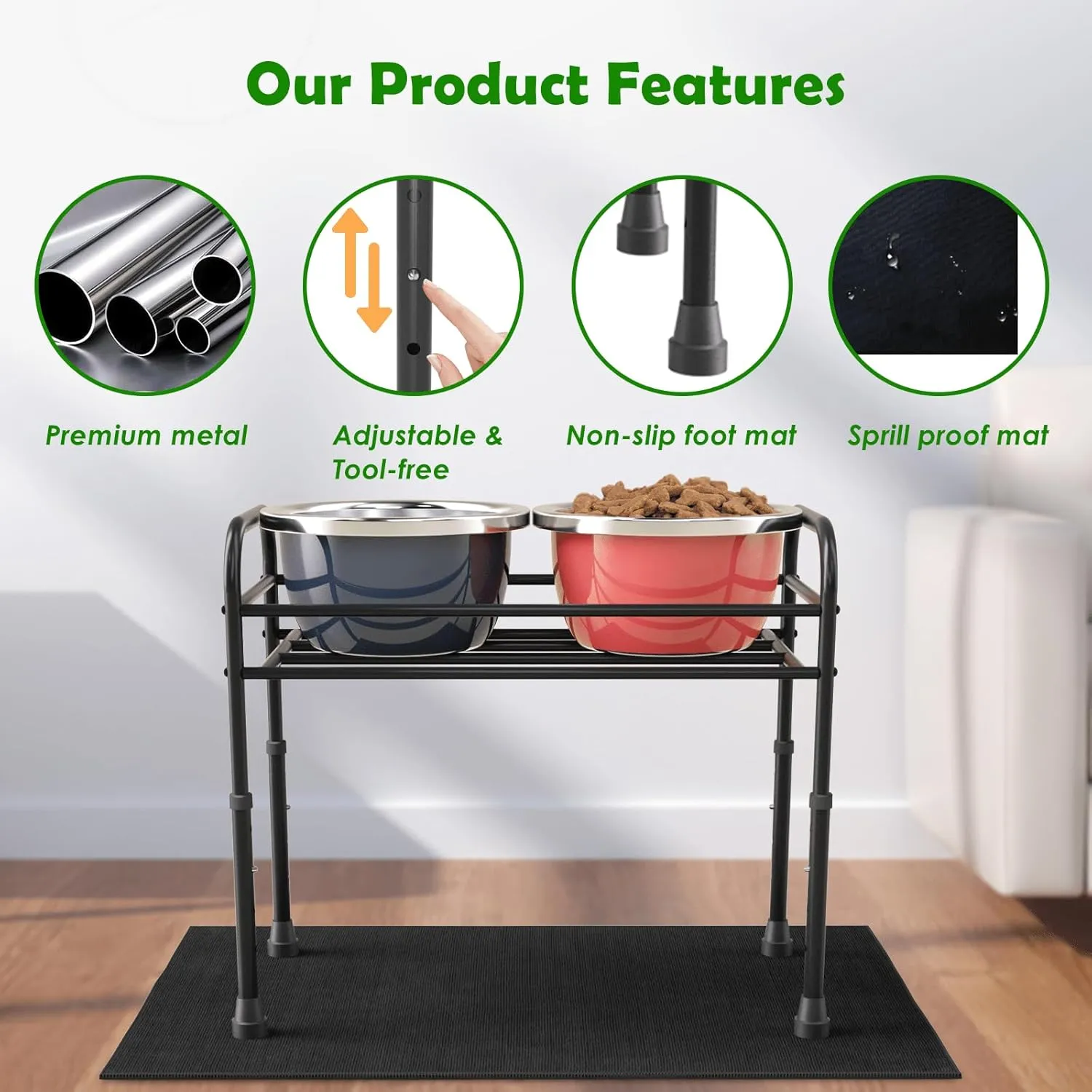 Extra Large & Tall Metal Raised Dog Bowl Stand for Extra Large Dogs, Table Steel Frame Dog Bowls Stand with Mat,Non-Slip,Adjust to 4 Heights 15"-22", Holds 4"-10.5" Diameter Bowl,Bowl Not Included